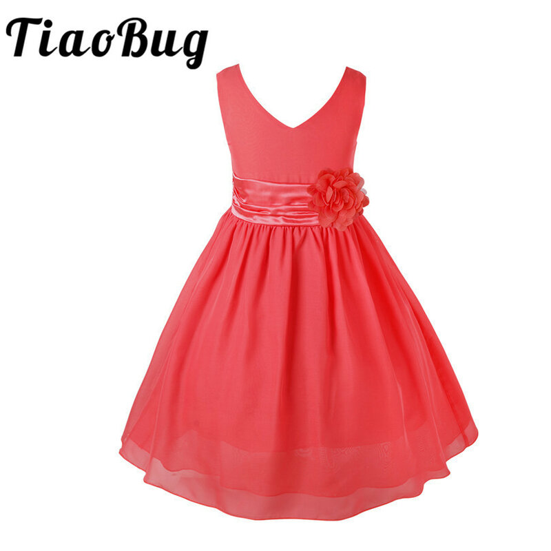 Tiaobug vestido de festa 2 a 14y, decote em v, para o verão, chiffon, flor, vestido de baile, princesa, vestido formal para o casamento