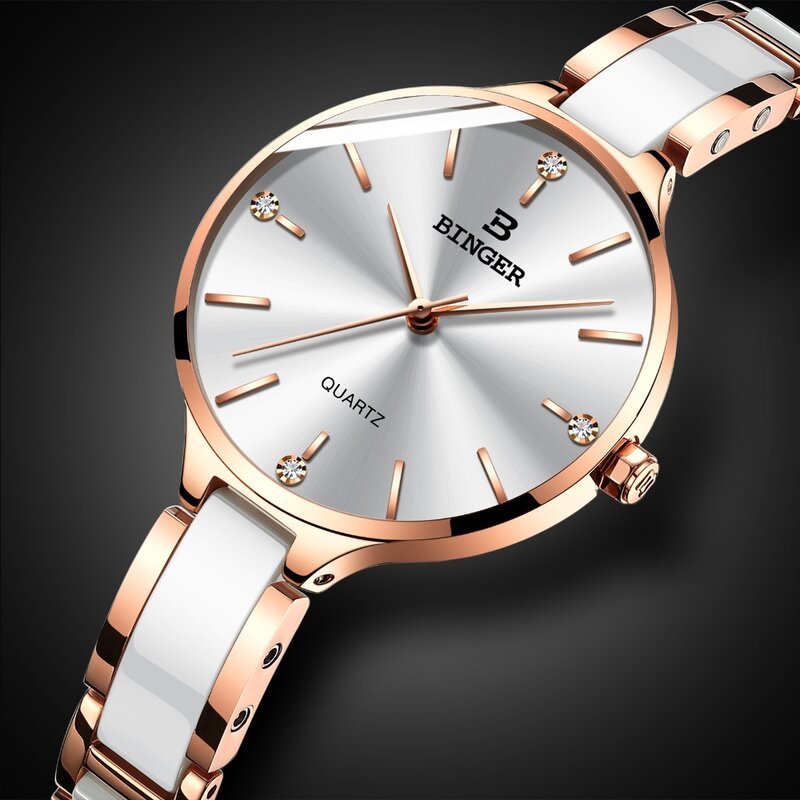 แฟชั่นผู้หญิง Luxury BINGER Ultra บางสุภาพสตรีนาฬิกา Sapphire เซรามิคกันน้ำ QUARTZ ชุดนาฬิกาผู้หญิง