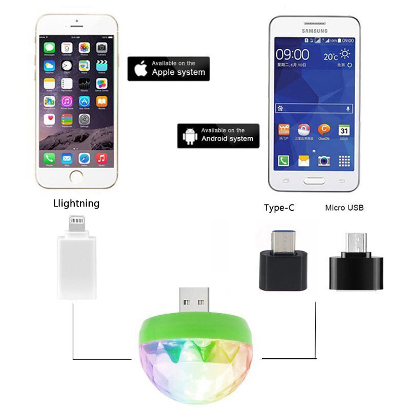 Lumières de fête colorées USB DC5V, contrôle de musique, ktv dj disco, lumières de scène automatiques pour iPhone Android iOS