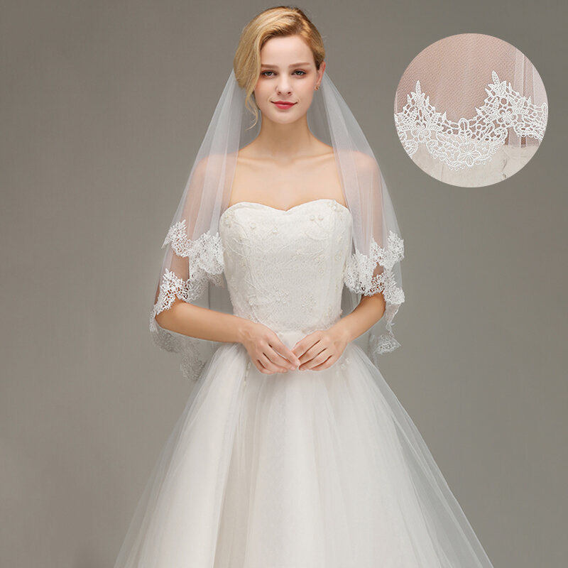 Real Picture 1.5 Meters Two Layers Soft Tulle Ivory Lace Edge Short Wedding Bridal Veils With Comb Wedding Accessories