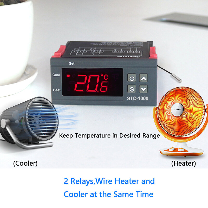 Termostato termorregulador digital STC-1000, controlador de temperatura, relé de incubadora led 10A, refrigeración por calor, 12V, 24V, 220V
