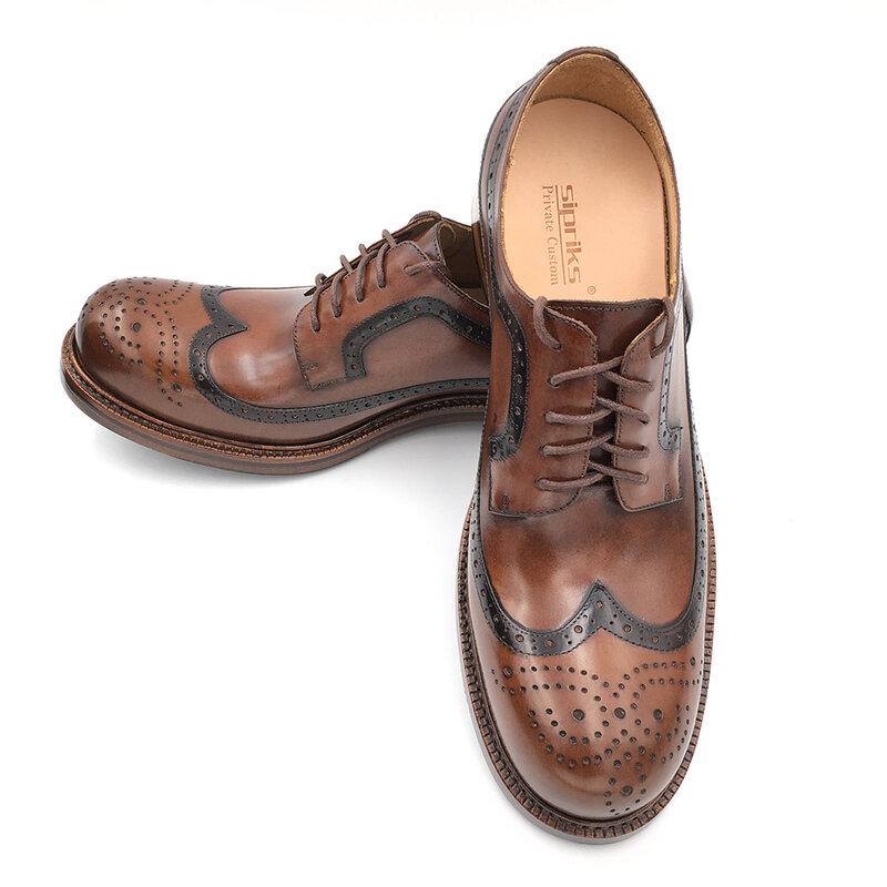 Sipriks sapatos masculinos de couro, sapatos estilo vintage esculpidos com sola de couro italiano, feito à mão, 45