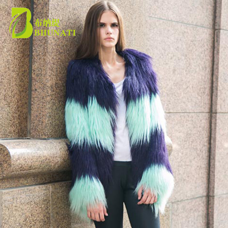 Bhunati Wanita Warna Kontrak Panjang Bulu Imitasi Mantel Lengan Panjang Bulu Buatan Mantel Kasual Furry Coat Wanita BNT137