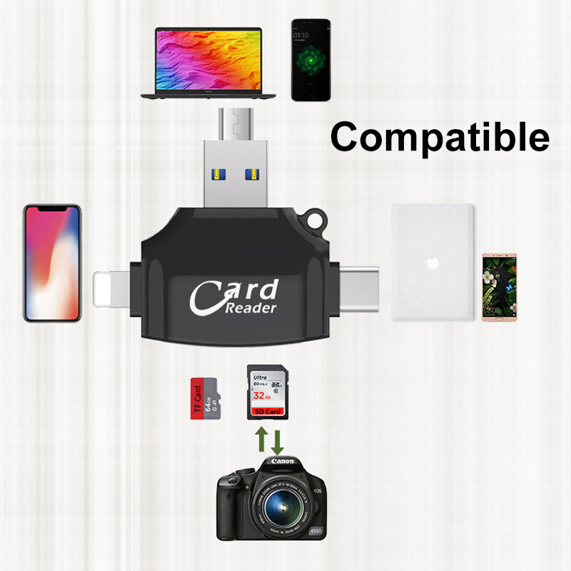 สำหรับ iPhone Multi-function 4 in 1 TF SD Card Reader สำหรับกล้อง OTG Card Reader