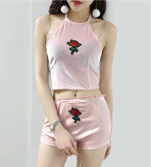 4 Colors Sexy Women Rose Embroidery Velvet 2 Two piece set 2018 New Halter Tank Camis Crop Top with Brief Panties Sets Outfit
