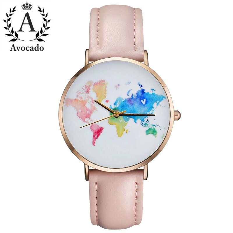 Jam tangan wanita elegan modis romantis peta dunia gelang kulit perjalanan jam tangan wanita Quartz hadiah untuk anak perempuan