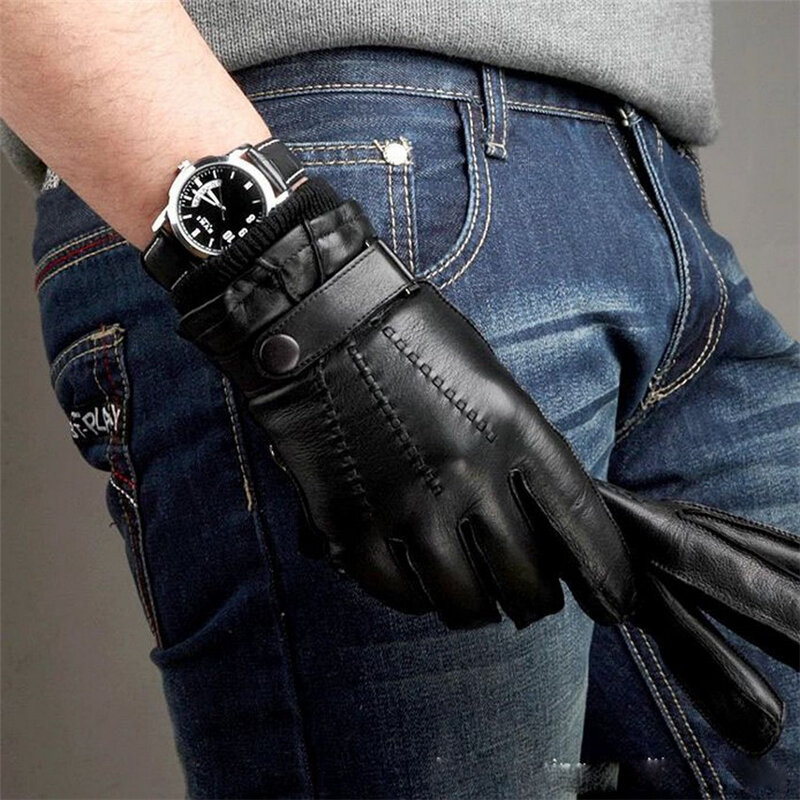 Fashion Solid Black Men Sheepskin Gloves Winther Button Wrist Male Genuine Leather  Warm Driving Glove Free Shipping M016WZ-5