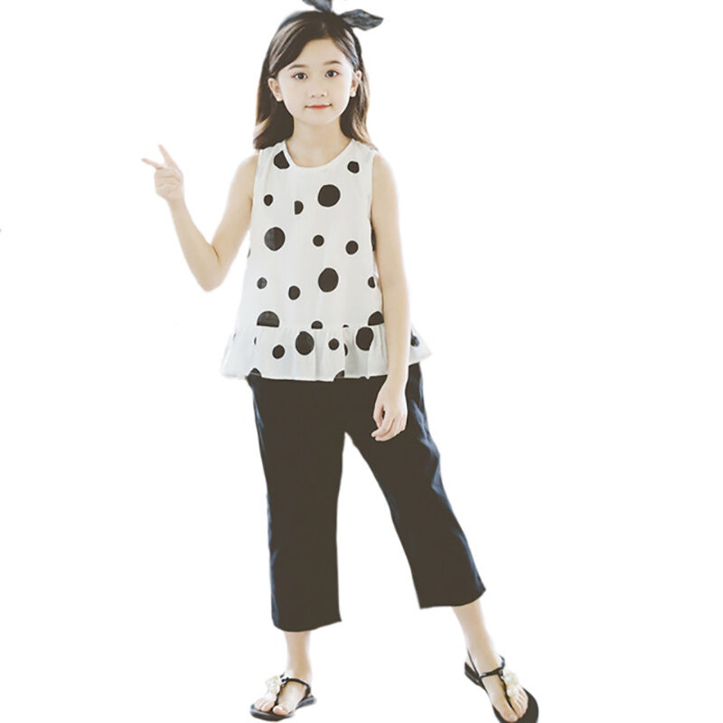 Verano de 2019 de moda de los niños conjuntos de ropa de niñas 2 piezas blanco blusa superior y negro sólido pantalones conjunto para 2 -8 años Niñas Ropa conjunto