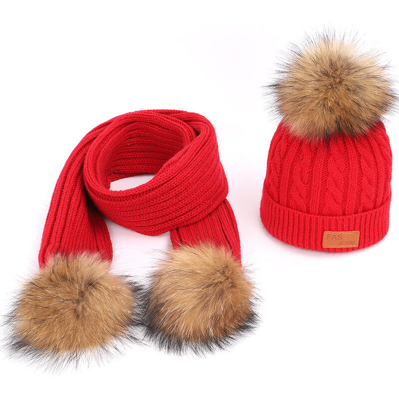 New Cute Raccoon Fur Pompom Children's Knit Hat Scarf 2 Pieces Set Winter Boy Girl Brand Soft Cap Scarves Baby Thicken Kids Wool