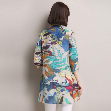 Женская шифоновая блузка, рубашка с воротником-стойкой, цветочным принтом и пуговицами, Лето 2015, размера плюс
