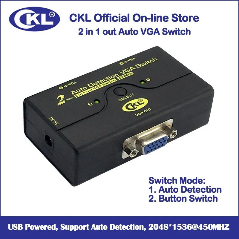 Ckl abs 자동 vga 스위치 2 in 1 out, 1 모니터 2 컴퓨터 스위처 지원 자동 감지 2048*1536 450 mhz usb 전원 CKL-21A