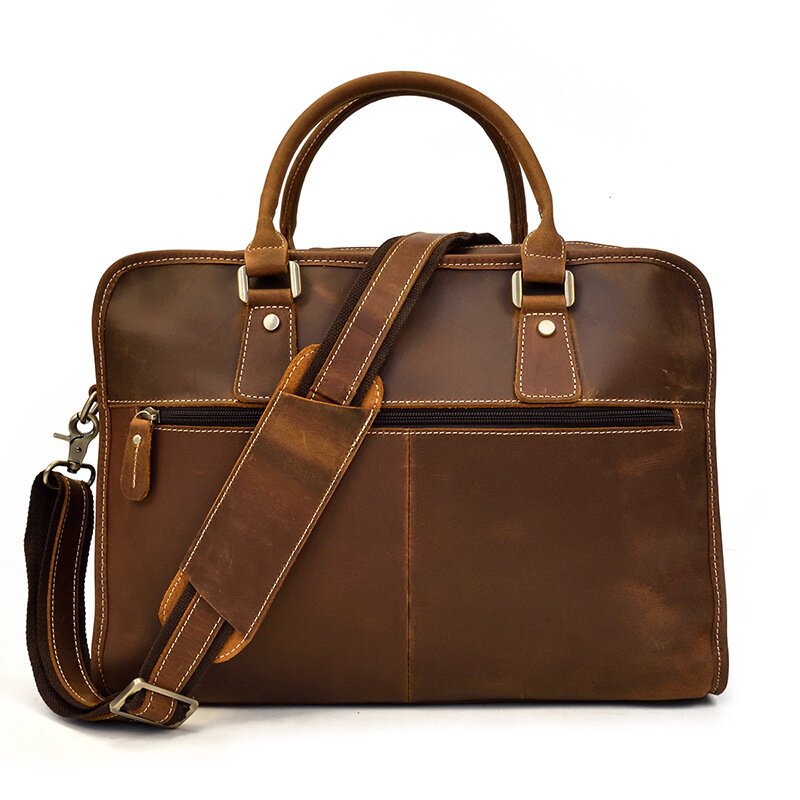 حقيبة جلدية أصلية للرجال ، حقيبة كتف ، حقيبة عمل ، حقيبة كمبيوتر 15 بوصة ، جلد كريزي هورس