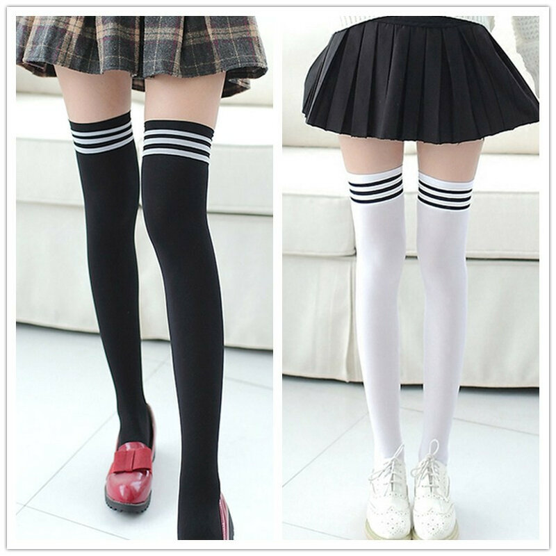 1 par de medias de algodón a rayas, calcetines coreanos japoneses kawaii lolita, calcetines casuales hasta el muslo, calcetines largos para mujer W5.9