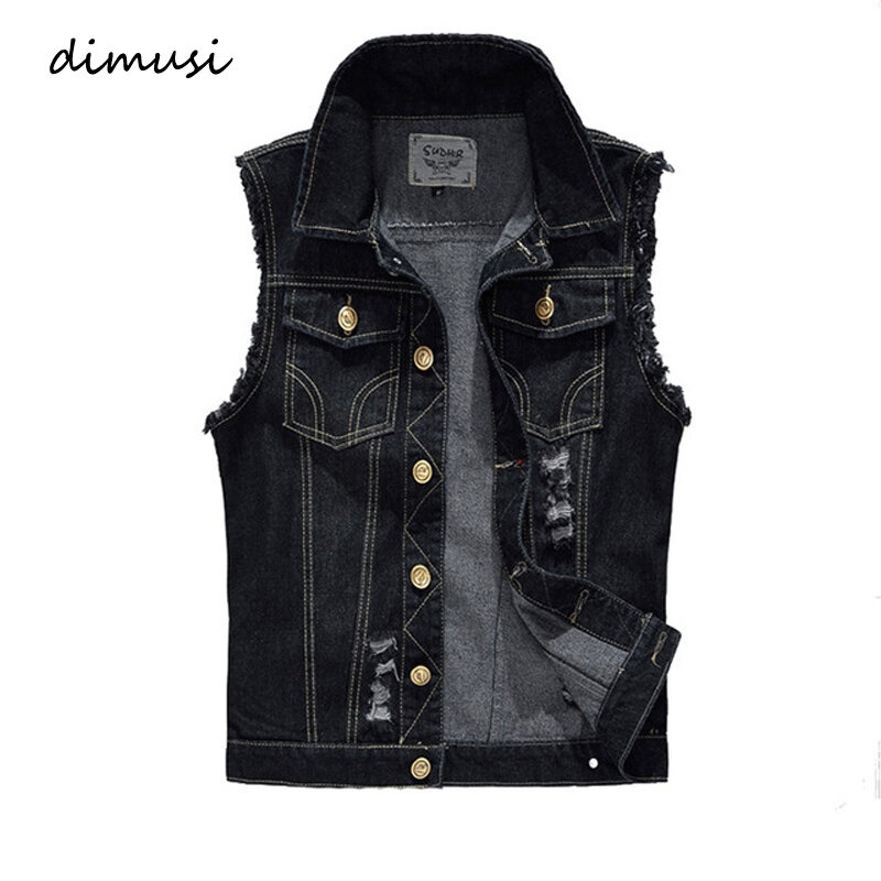 DIMUSI-Chaleco vaquero de diseño Vintage para hombre, chaqueta negra sin mangas con agujeros, 6XL,YA566, primavera y otoño