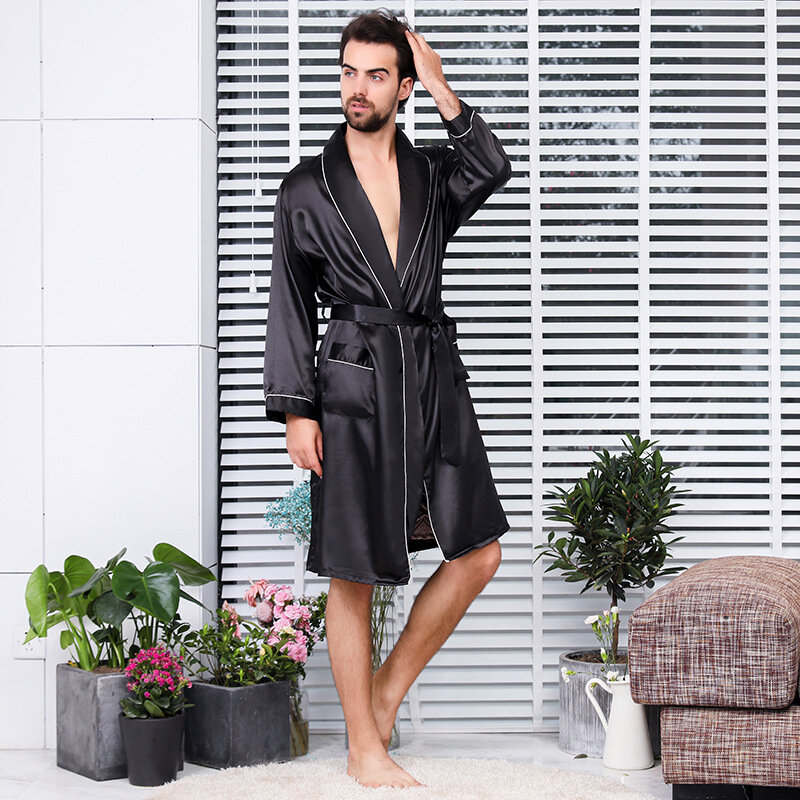 Luxury Designer Men's Silk Kimono Robe 5XL Long Sleeve Sleepwear Bathrobe Oversized Satin Nightgown Summer Home Clothing