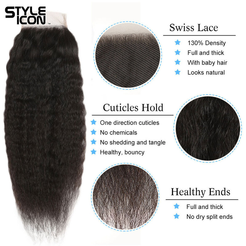 Styleicon-Tissage péruvien non Remy avec lace closure, cheveux crépus lisses, 100% cheveux humains, 3 lots