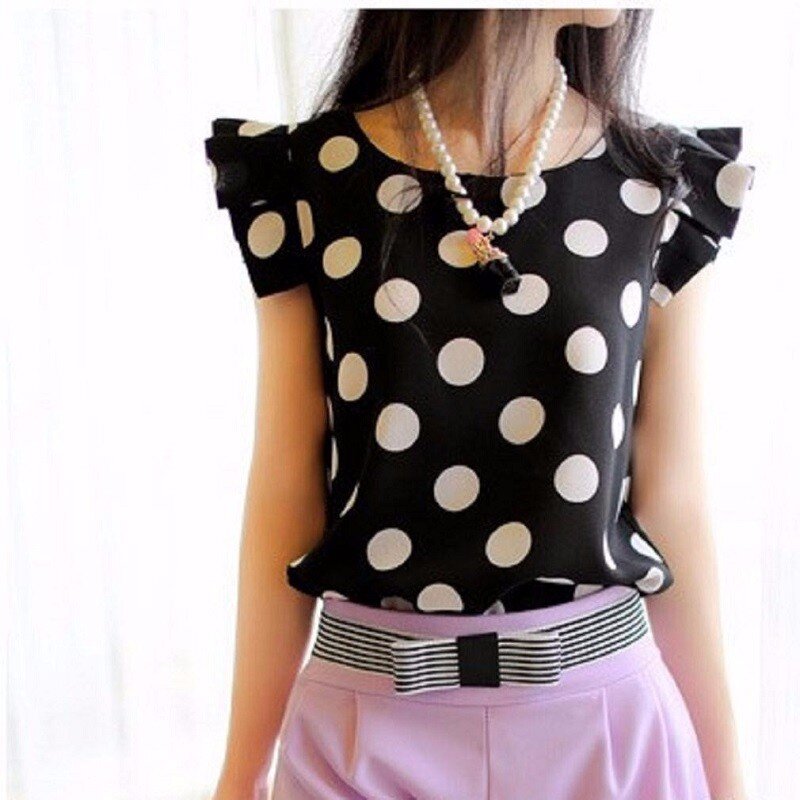 Женская блузка в горошек, плиссированная шифоновая блузка с коротким рукавом, шифоновая блузка размера плюс, лето 2020