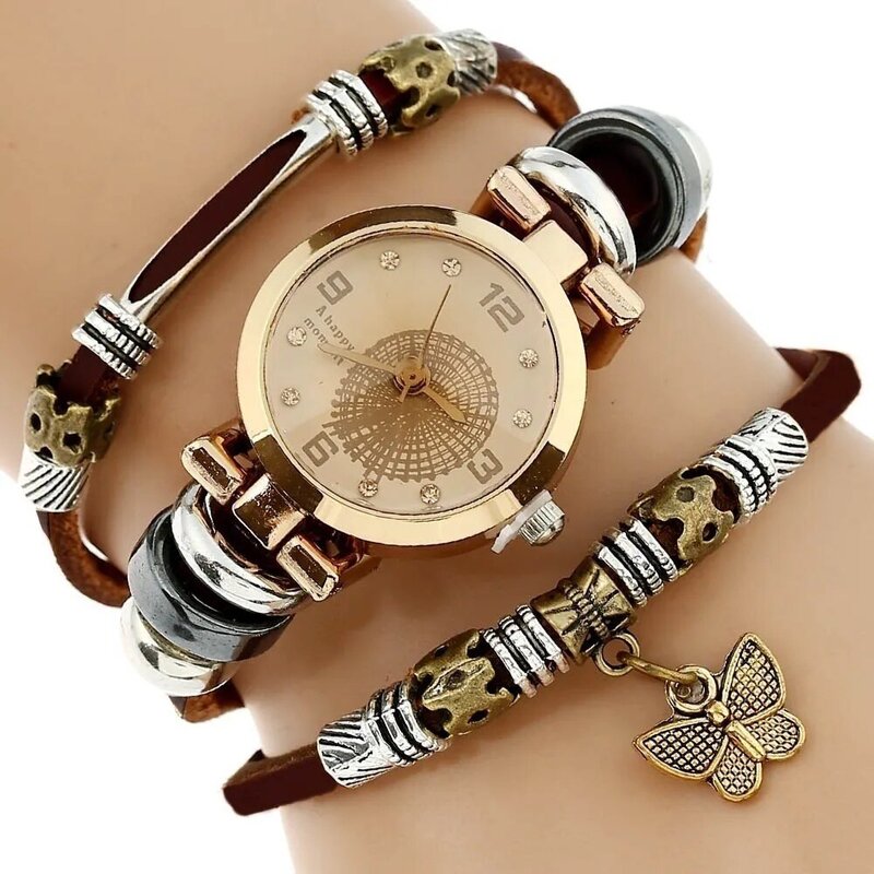 Gnova Platina Top Vrouwen Premium Lederen Horloge Triple Armband Horloge Vlinder Charm Horloge Fashion Para Femme A581