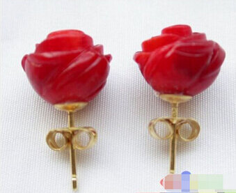 1062 11mm Hand-carved rose red coral earring >Lovely Fine women gift Luxury Girls Wedding word Jewelry Lady's Women's Earrings