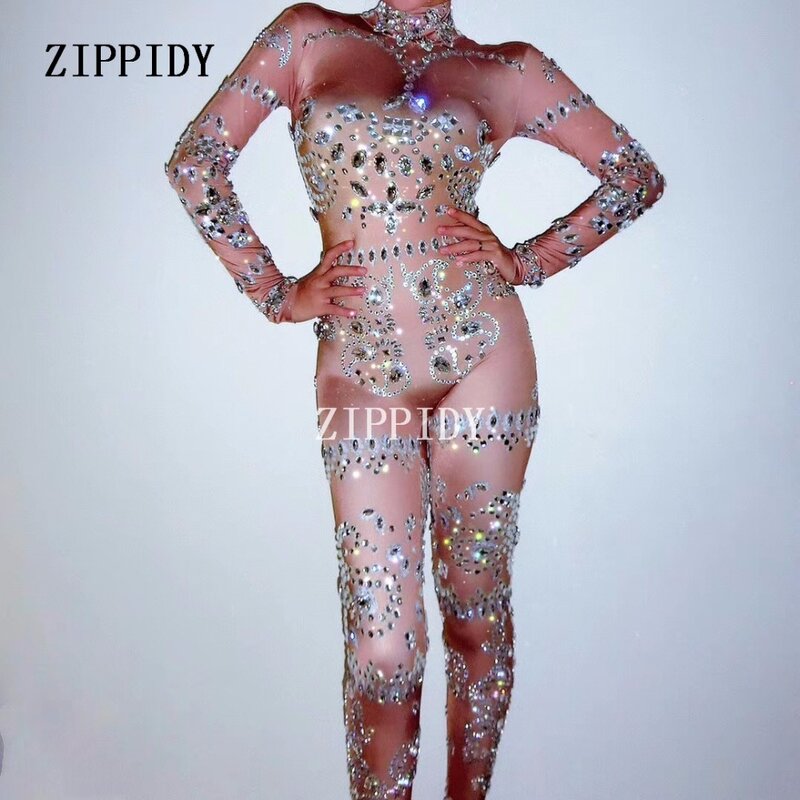 2019 moda Glisten kryształy kamienie kombinezon Sexy strój wieczorowy jasne body kostium bal urodziny świętować strój