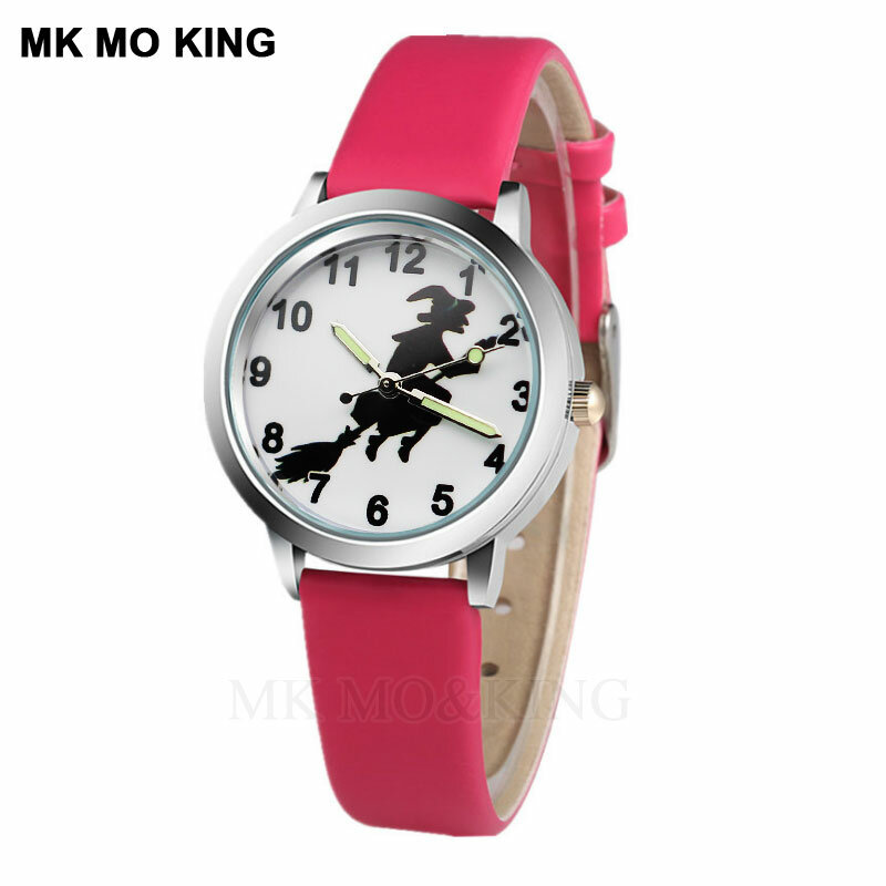 Reloj de pulsera de cuero rosa para niños, cronógrafo de cuarzo con dibujos animados de bruja de cuento de hadas, informal, regalo de cumpleaños, nuevo