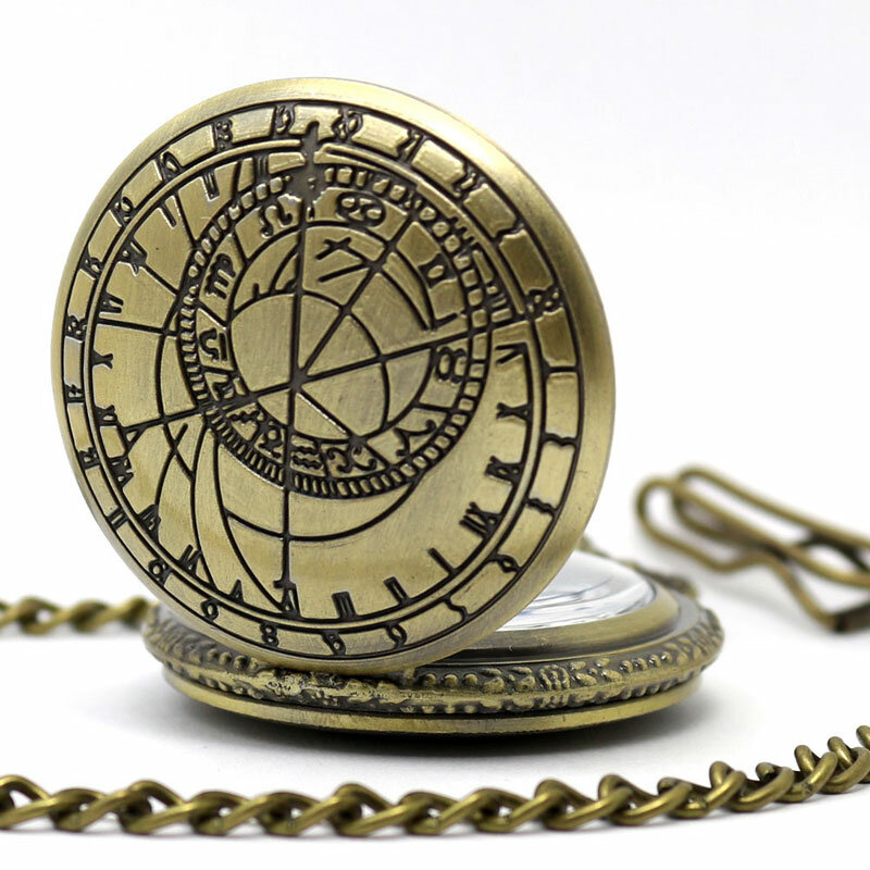 Antique Retro Bronze เข็มทิศ Prague Astronomical แบบ Analog นาฬิกาควอตซ์สร้อยคอนาฬิกาผู้ชายผู้หญิงนาฬิกา Fob จี้