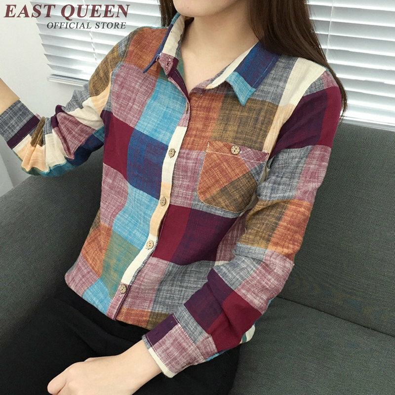 Baru 2018 Musim Panas Wanita Blus Lengan Panjang Tartan Pakaian Kapas Kemeja Wanita Kasual Streetwear NN0356 CQ
