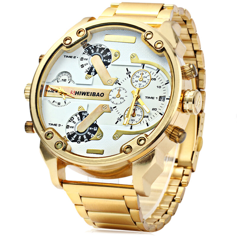 Duży zegarek mężczyźni luksusowe złota stal Watchband męska kwarcowy zegarki podwójny czas strefa wojskowy Relogio Masculino zegar człowiek