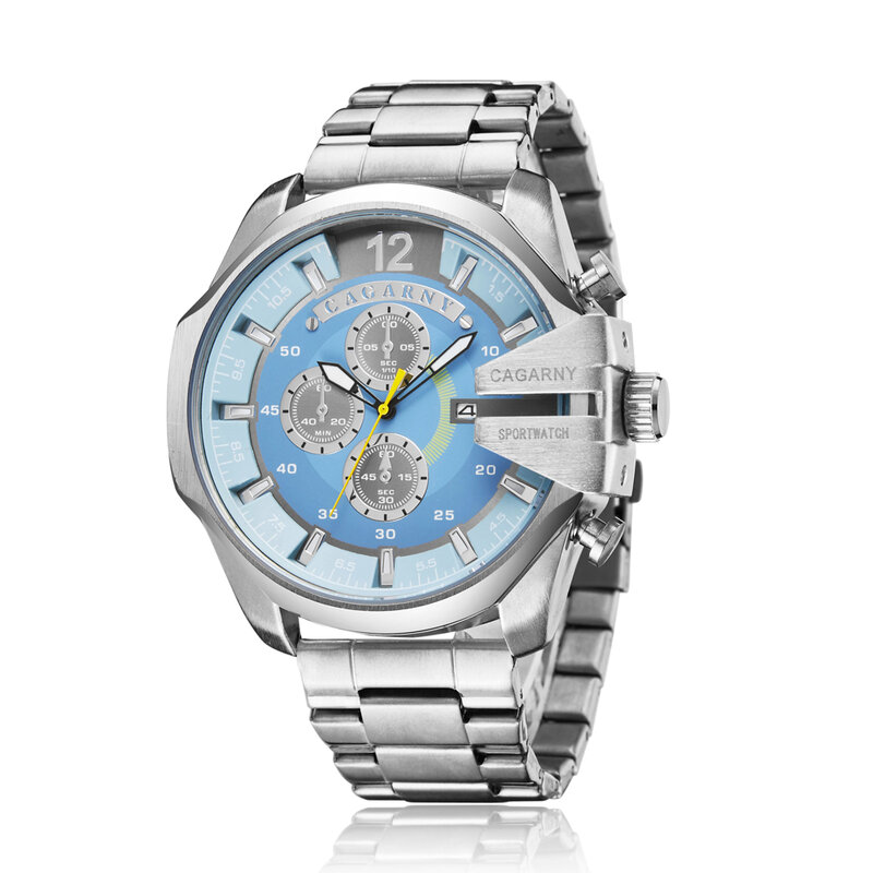 Часы наручные Cagarny Мужские кварцевые, роскошные Брендовые спортивные Серебристые полностью стальные водонепроницаемые в стиле милитари, с датой
