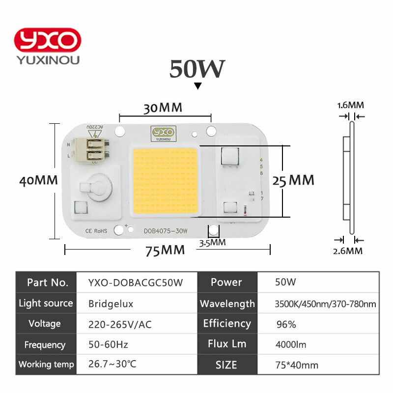 Lâmpada de lâmpada YXO YUXINOU Smart IC, projector LED, projector, DOB Chip, sem necessidade de driver, DIY, 50W, 40W, 30W, 20W, 10W, 220V AC