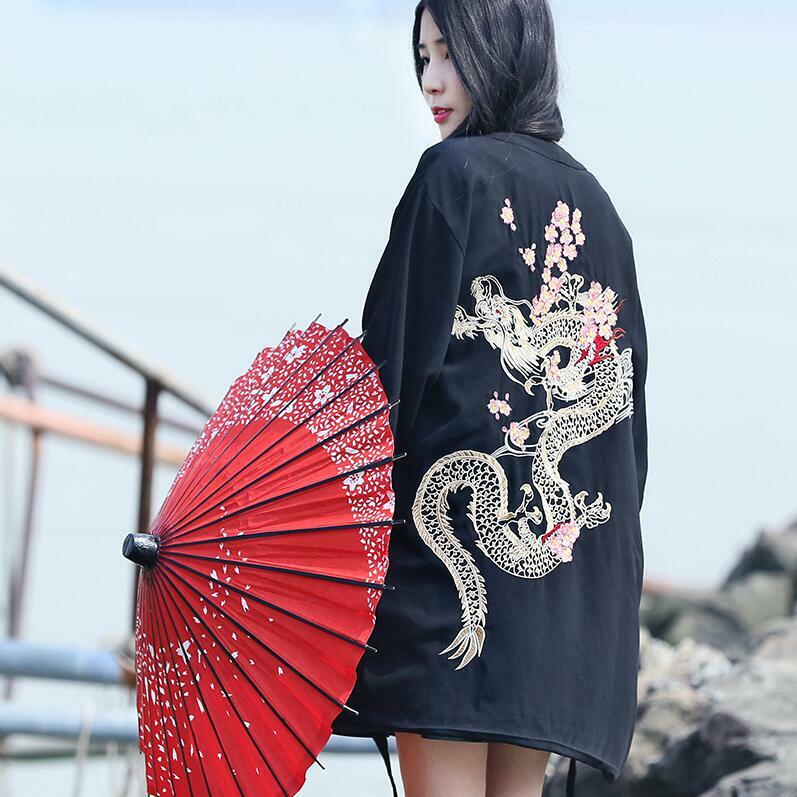 Thêu Rồng Áo Khoác Cardigan Kimono