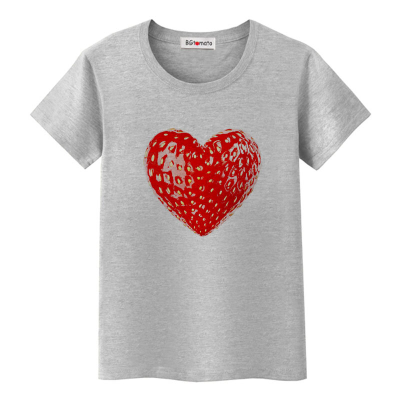 BGtomato الفراولة القلب التي شيرت الإبداعية تصميم t قميص المرأة قمم جميلة الأحمر الجرافيك القمصان الأصدقاء camisa femenina
