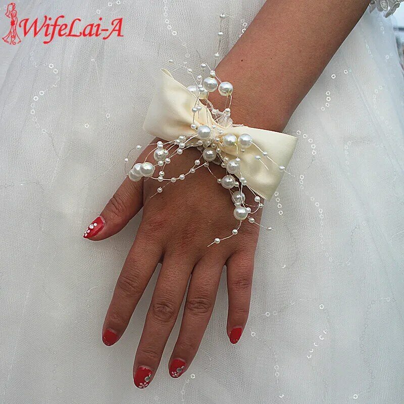 Wifelai-um laço de marfim com pérolas para damas de honra, seda mão flores, casamento corsages, noiva pulso flores, fita