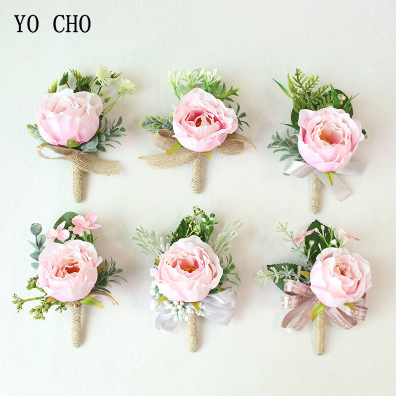 YO CHO Boutonnieres Silk Roses White Pink Wedding Corsages and Boutonnieres Groom Flower Boutonnieres Marriage Prom Brooch Pins