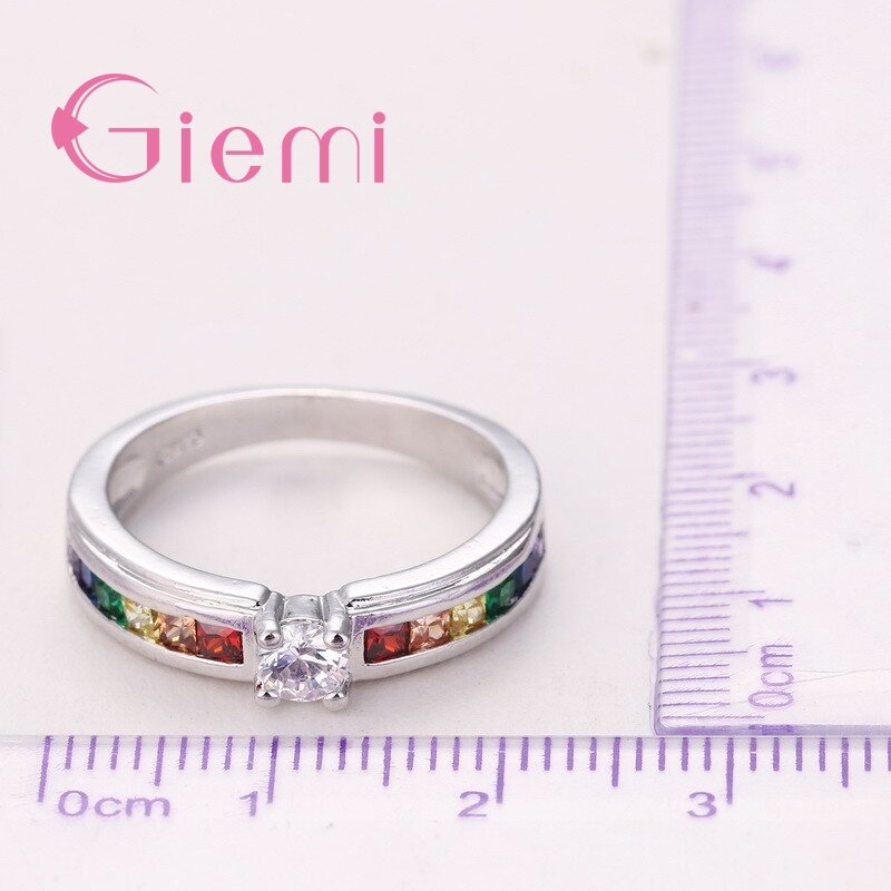 New Arrival kolorowe Rainbow Crystal 925 obrączka ze srebra wysokiej próby pierścień dla kobiet kobieta wesele biżuteria zaręczynowa