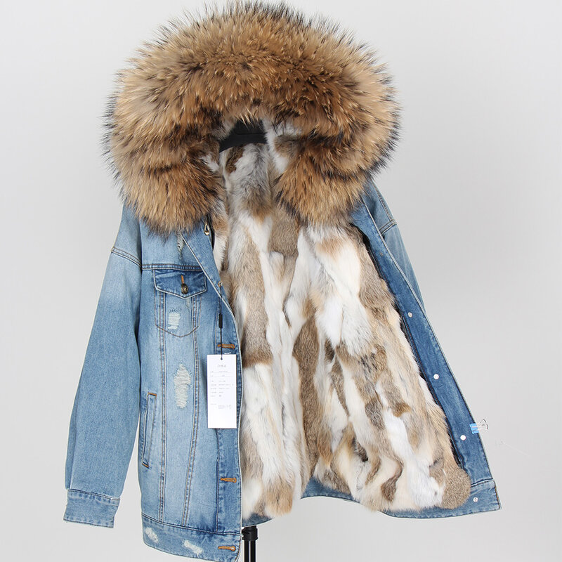 Maomaokong Denim Jacket Parka Winter Women Parkas Real Fur Collar Coat Natural Raccoon Fur Hood Real Rabbit Fur Liner Luxury