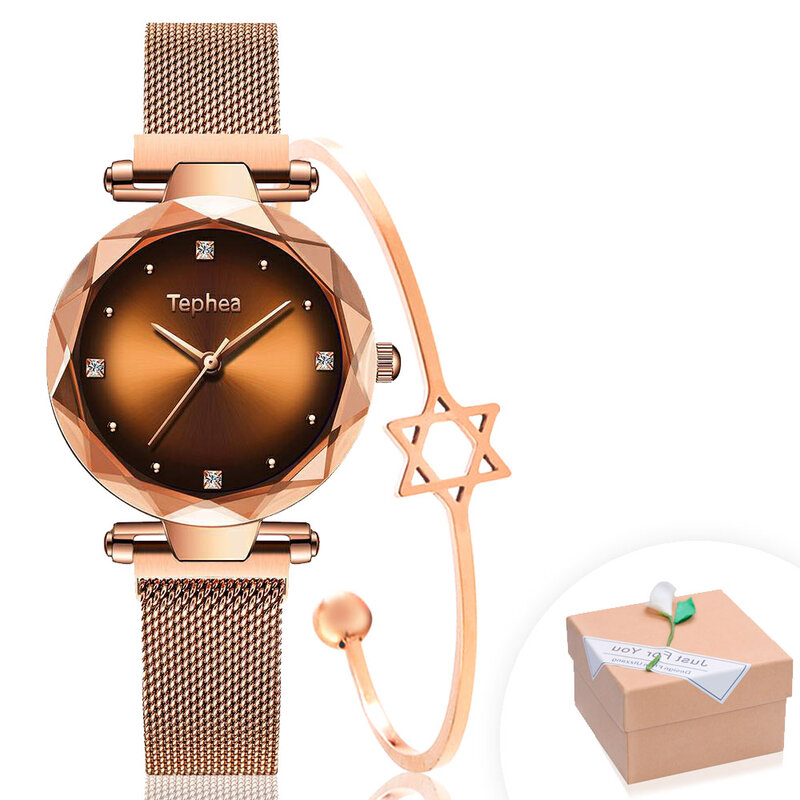 Relojes de lujo Starry Sky para mujer, reloj magnético de oro rosa con diamantes en la mano, reloj de acero resistente al agua para mujer