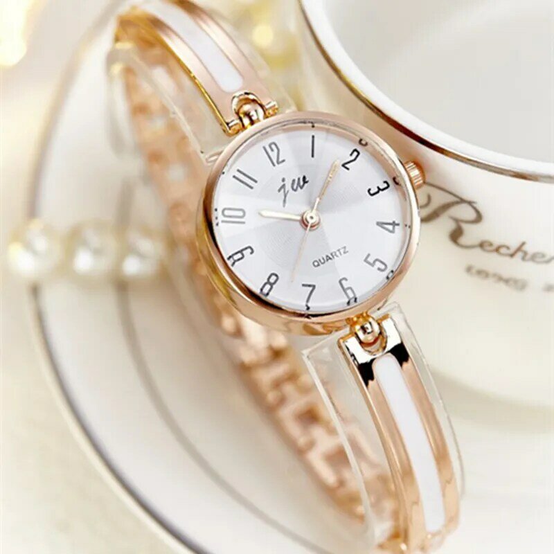 JW-relojes de lujo de cristal de oro rosa para mujer, pulsera de cuarzo, reloj de vestir, femenino