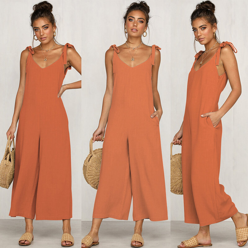 2019 spring and summer four-color banded loose jumpsuit Long Wide Leg Romper Strappy casual pocket ladies Vacation jumpsuit