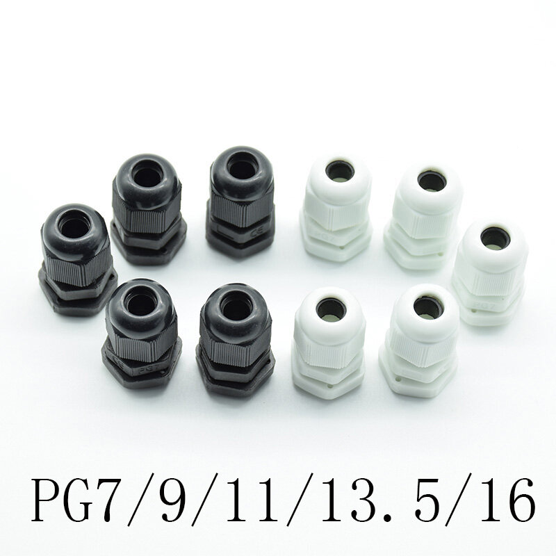 Conector de glándula de Cable de plástico de nailon impermeable, IP68PG7, PG9, PG11, pg13,5, PG16 para Cable de 3 a 6,5mm a 14mm, CE, Blanco, Negro, 10 unidades