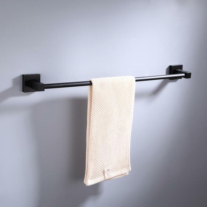 Accesorios de perchas para baño, juego de base de pared en material de aluminio, toallero doble, anillo colgador, base de cepillo, en color negro mate, tamaño de 55cm
