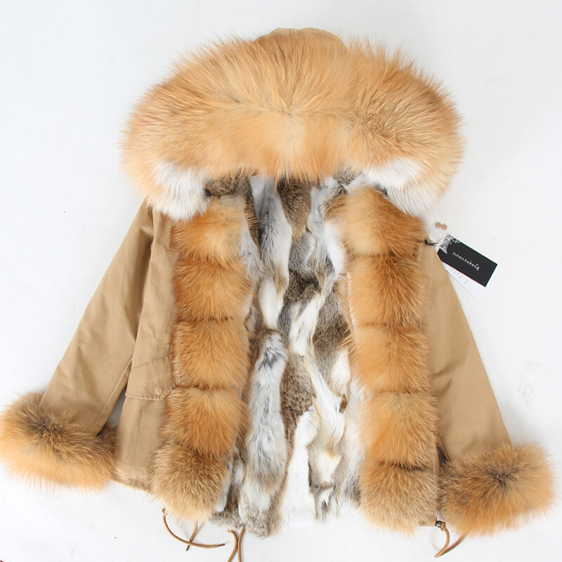 Maomaokong inverno mulheres parka casaco de pele real casaco de pele de raposa natural com capuz pele de coelho forro grosso quente outerwear feminino
