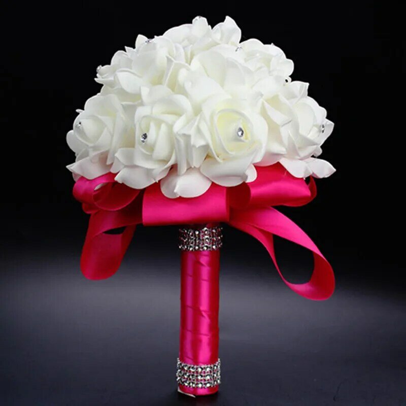 WifeLai-A 1Piece Cheap Bridesmaid Wedding Decoration Foamflowers Rose Bridal bouquet White Satin Romantic Wedding bouquet PL15