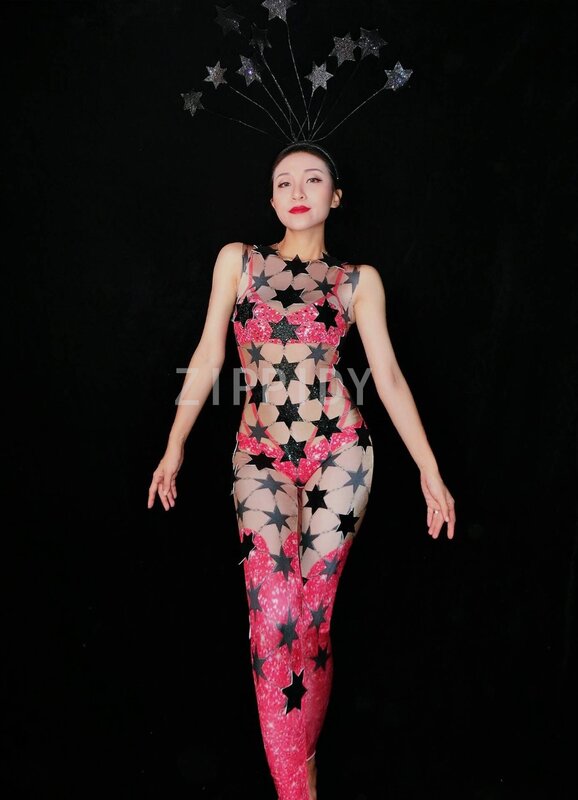 แฟชั่น 2 สี Star Rhinestones Spandex แขนกุด Jumpsuit ผู้หญิงวันเกิดฉลอง Stage Dance ผู้หญิงนักร้องแสดงเสื้อผ้า