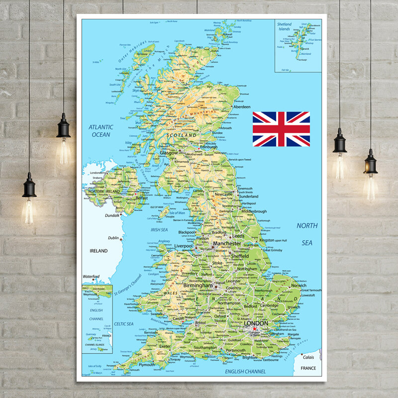 Фотообои размером с плакат, большая карта Великобритании 54x8 см, водонепроницаемость и устойчивость к разрыву