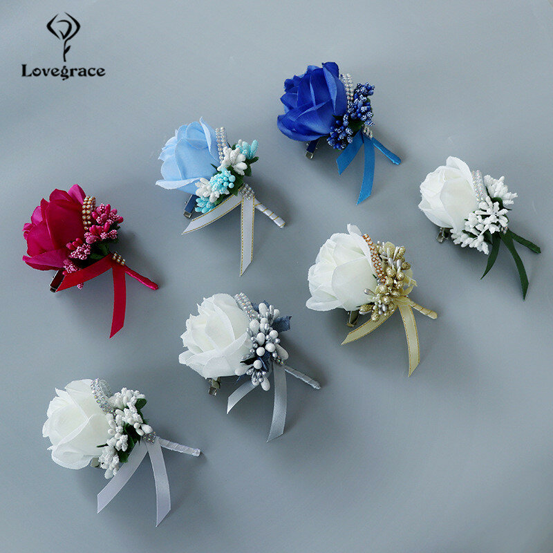 Panny młodej Groom stanik sztuczny jedwab róży Boutonniere na rękę kwiat niebieski Pin broszka dekoracje ślubne pręcik diament biały Flores