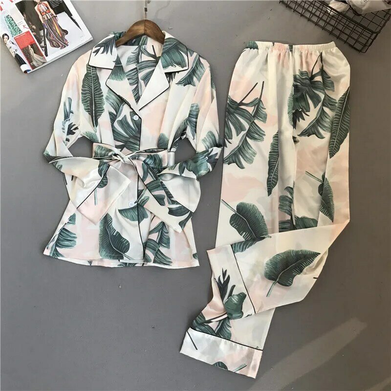 Lisacmvpnel-Conjunto de pijama de papel feminino, pijamas rayon, calças manga comprida, padrão estampado, primavera