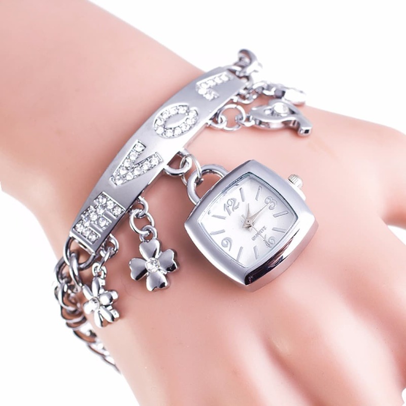 Fashion Women's Chic Love Crystal Rhinestone Chain Bracelet Wrist Watch Gift