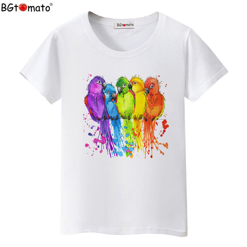 BGtomato T shirt colorful birds rainbow tshirt women Beautiful art work clothes Hot sale comfortable tee shirt femme