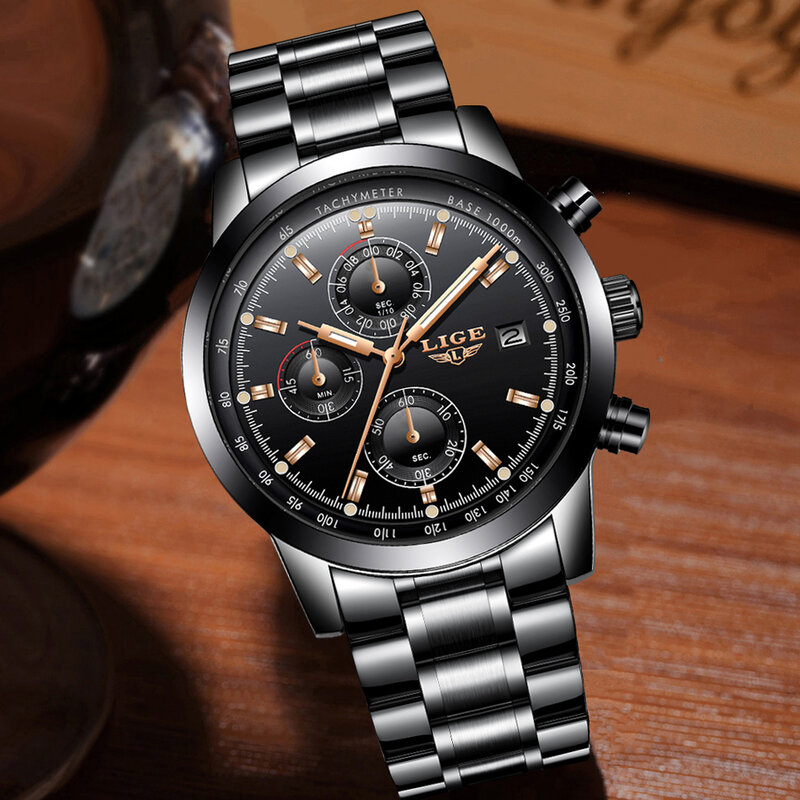 LIGE-Reloj de negocios para Hombre, de cuarzo, de acero inoxidable, resistente al agua, automático, con fecha, militar, 2019